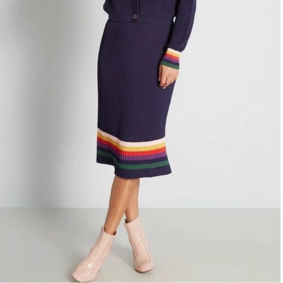 ModCloth Spirited Spectrum Navy Knit Skirt With Rainbow Stripes Pride Office XS - Picture 1 of 9